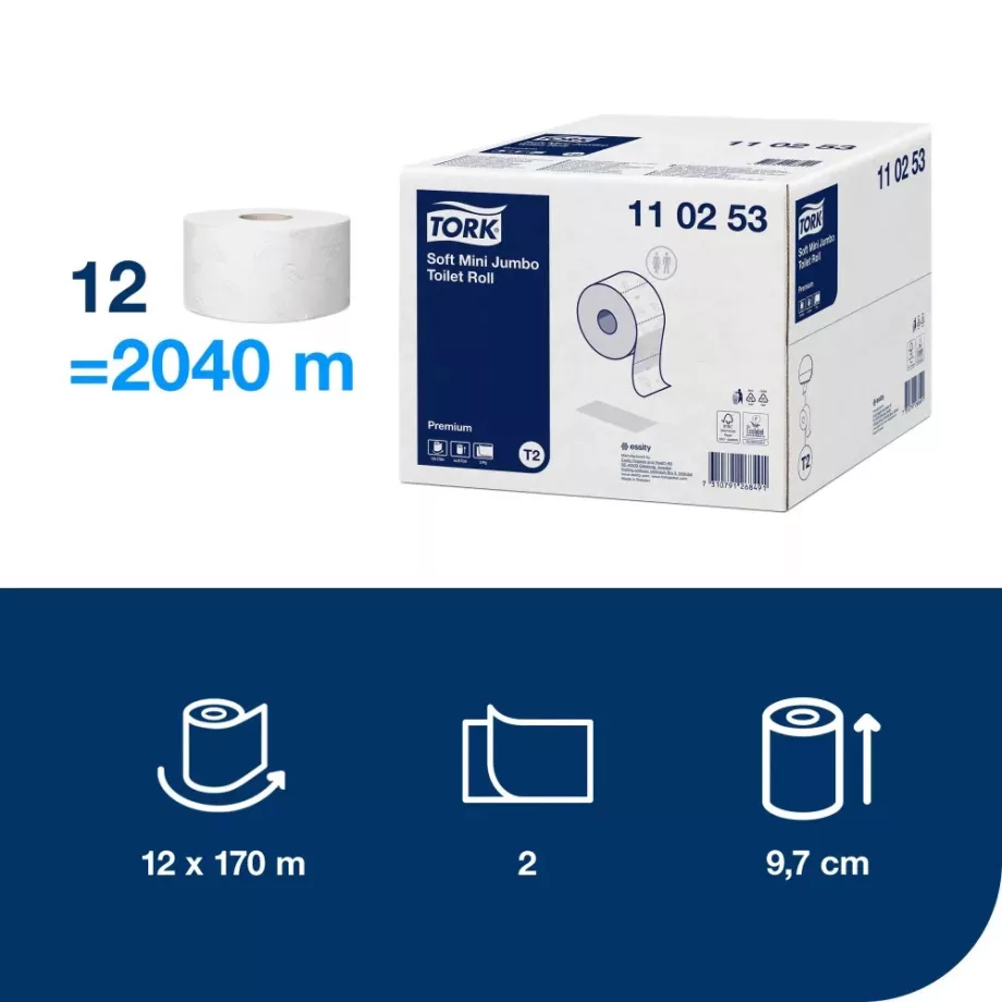 Tork Soft Mini Jumbo Prémium toalettpapír 19cm átm. - 2 rétegű, hófehér, 170m (Karton - 12 tek) - Image 2