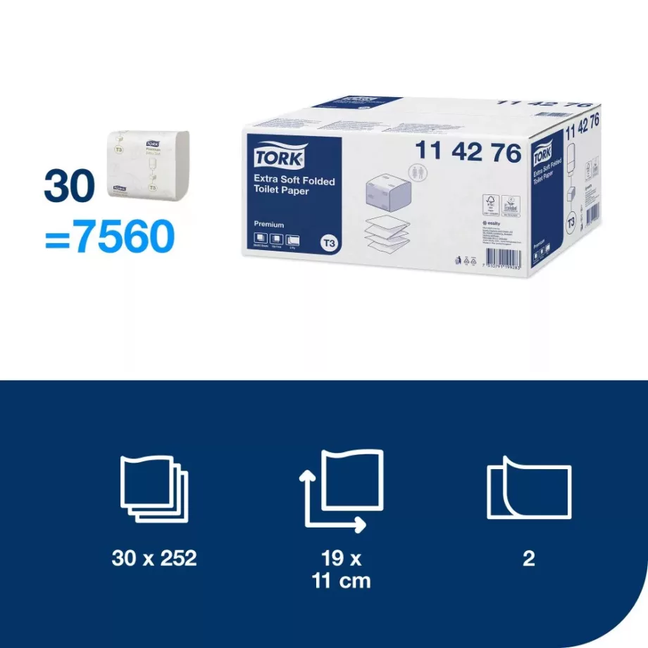 Tork Extra Soft Folded hajtogatott toalettpapír - 2 rétegű, hófehér, 252 lap (Karton - 30 csg) - 2. kép