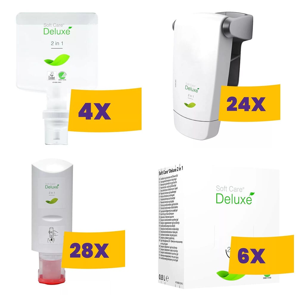 Soft Care Deluxe 2in1 Környezetbarát, kondicionáló sampon, balzsam és tusfürdő 1,3 l és 250 ml és 300 ml és 800 ml