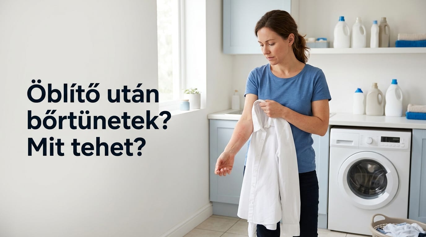 Frissen mosott pamutruhát ellenőrző személy enyhén kipirosodott alkarral a mosógép mellett